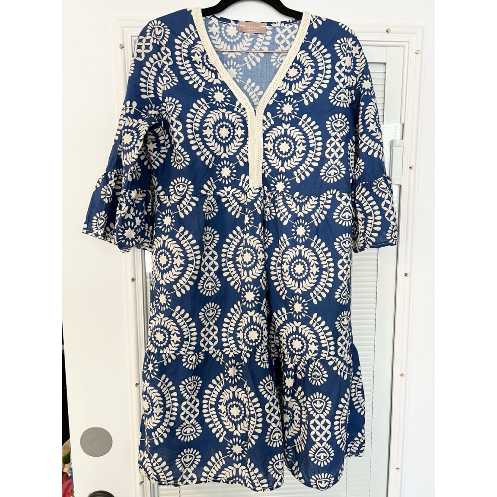 Saiph‎ Lab Tiered Bell Sleeve Santorini Mini Dress White Navy Size Small
